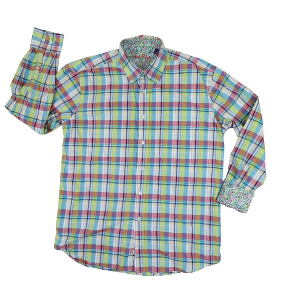 Alan Flusser Men's Check Paisley Flip Cuff Long Sleeve Button Shirt size‎ Medium - Picture 1 of 10
